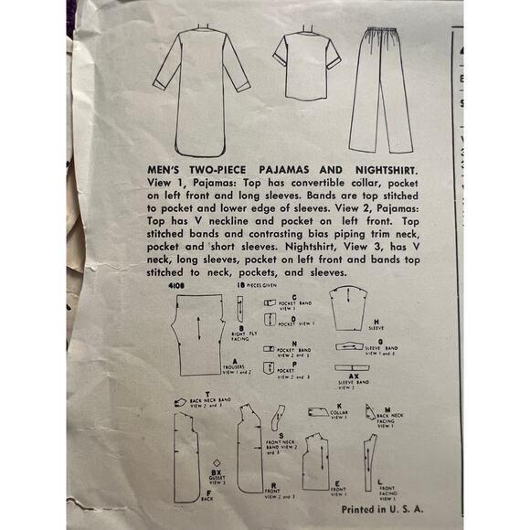 Simplicity 4108 Mens pajamas night shirt pattern - Picture 4 of 5